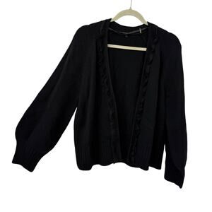 Kobi Halperin Wool Cardigan Large Black Open Long Puff Sleeves Fringe Trim Shrug